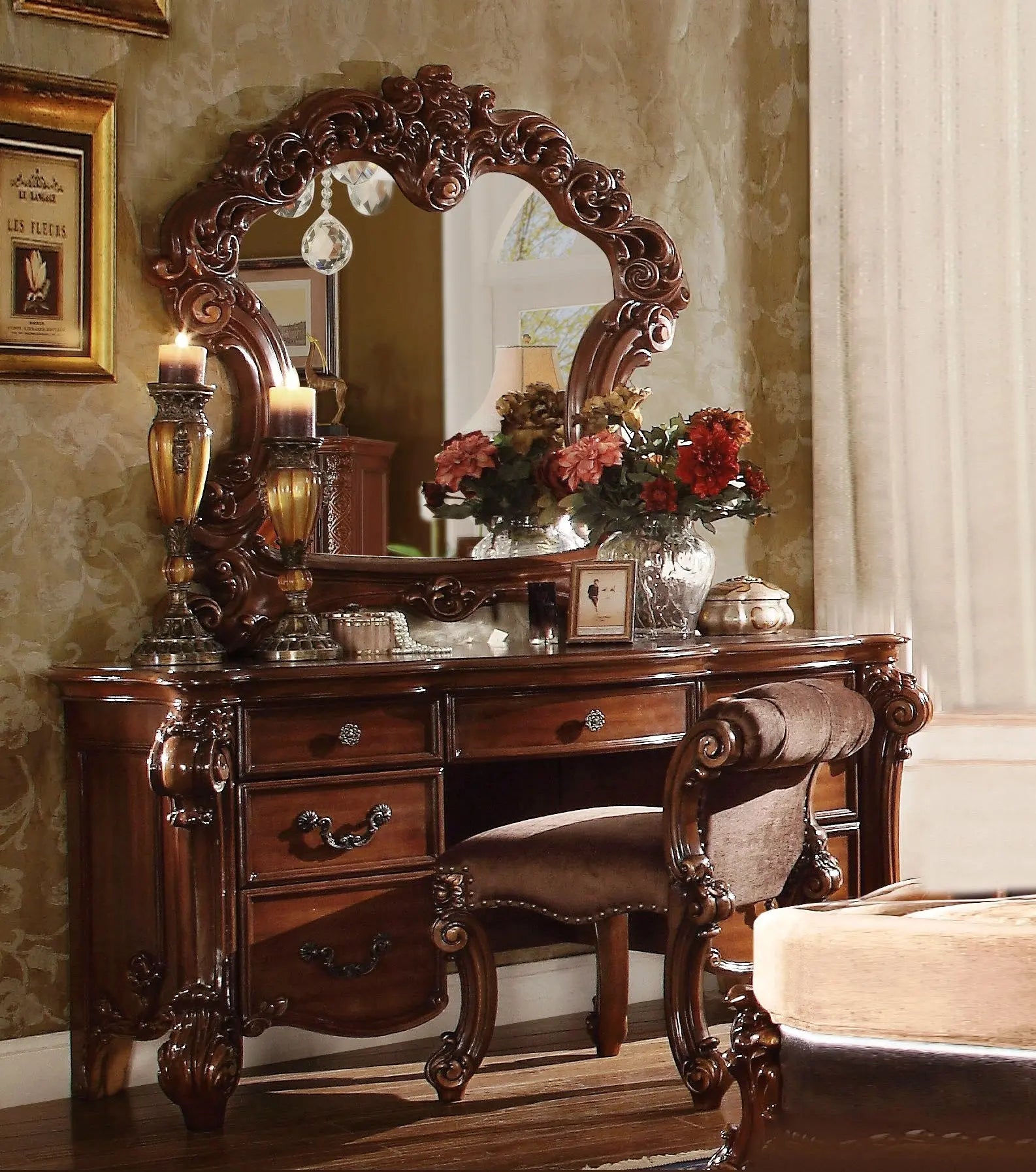 63" Brown Peninsula Vanity Desk With 7 Drawers Homeroots Living Room
