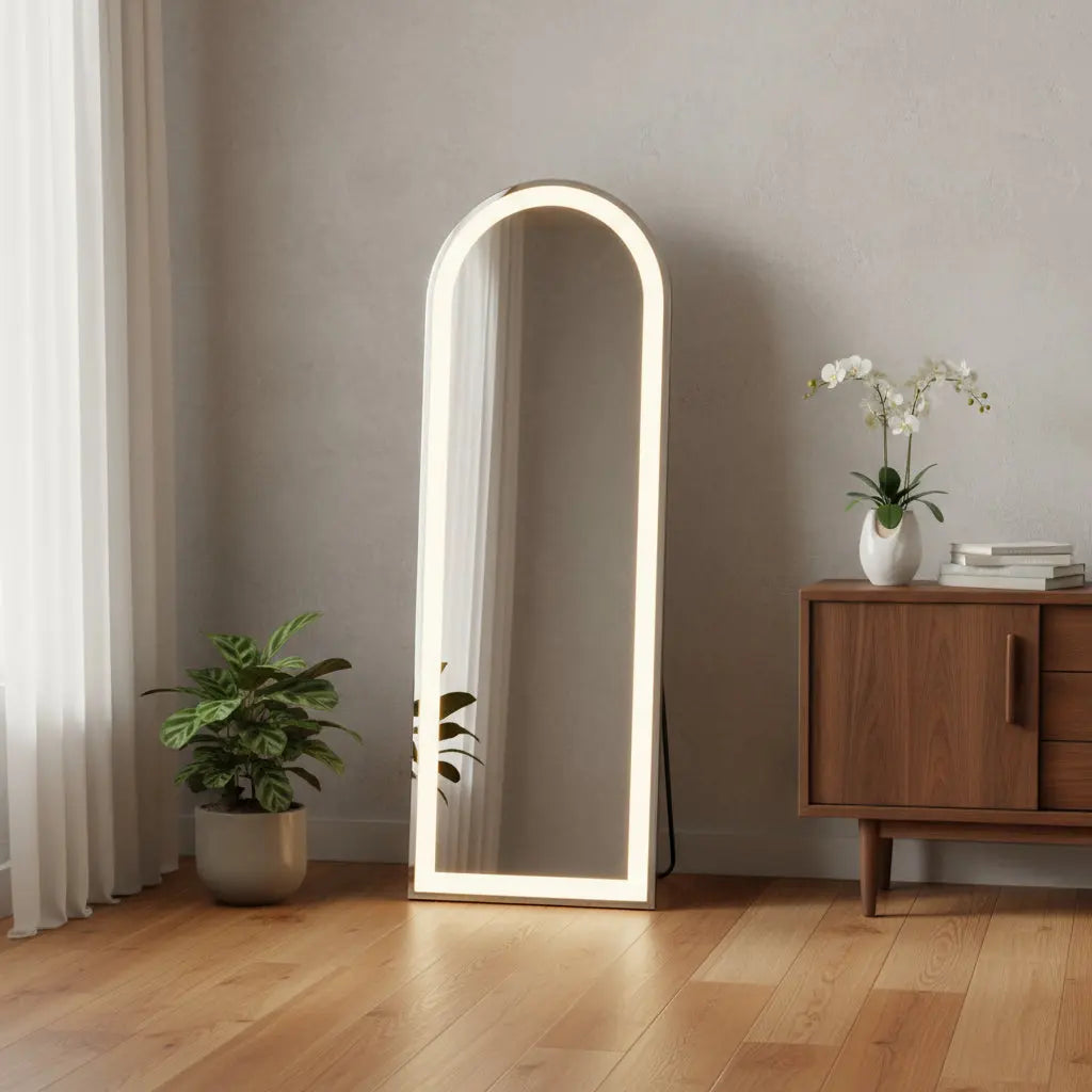 63" Clear Arch Lighted Freestanding and Wall Mount Frameless Full Length Mirror - GreatEagleInc