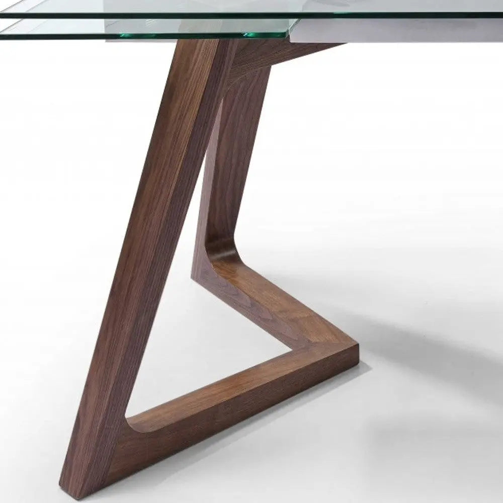 63" Clear and Brown Glass and Solid Wood Self-Storing Leaf Dining Table Homeroots Kitchen & Dining