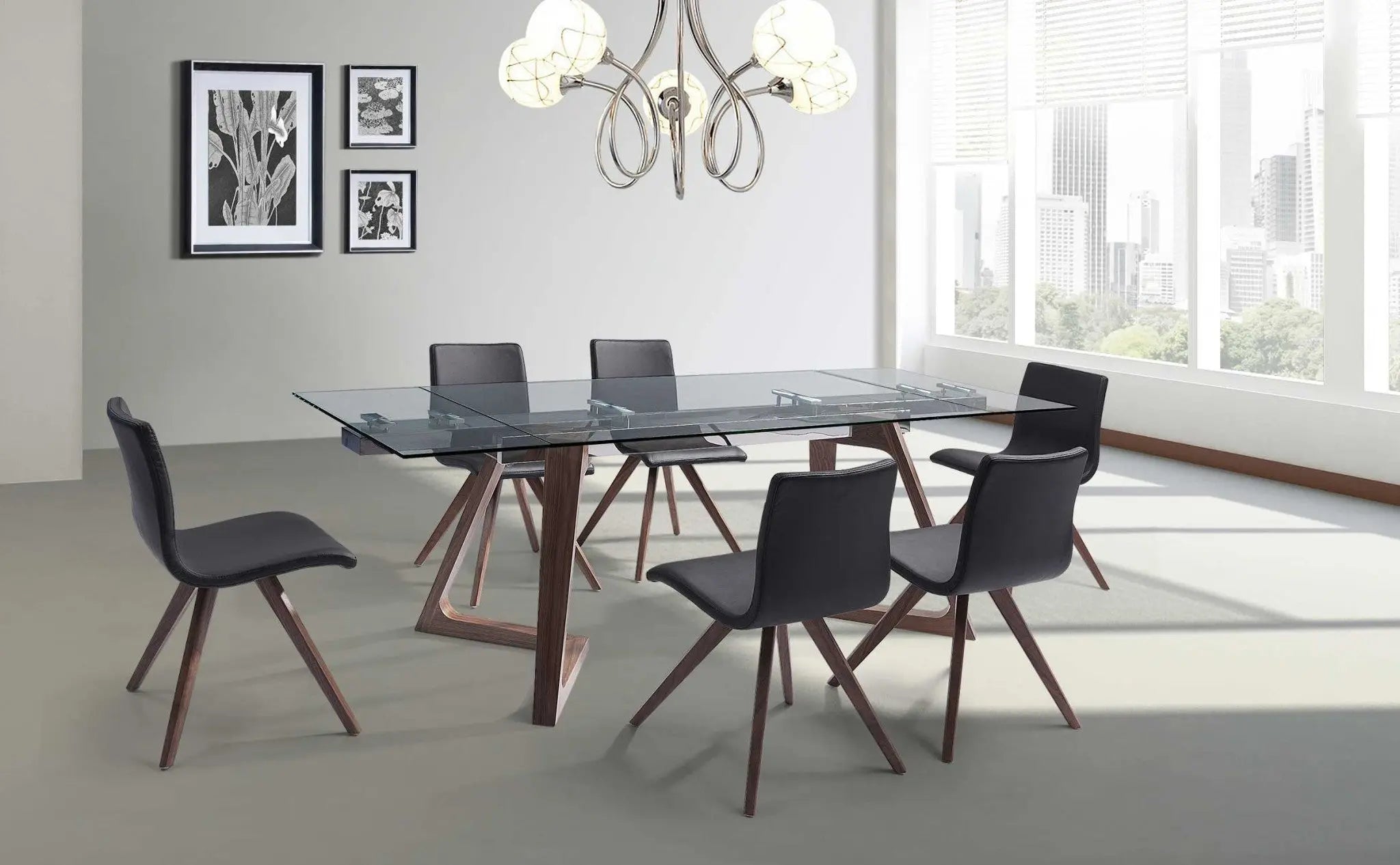 63" Clear and Brown Glass and Solid Wood Self-Storing Leaf Dining Table Homeroots Kitchen & Dining