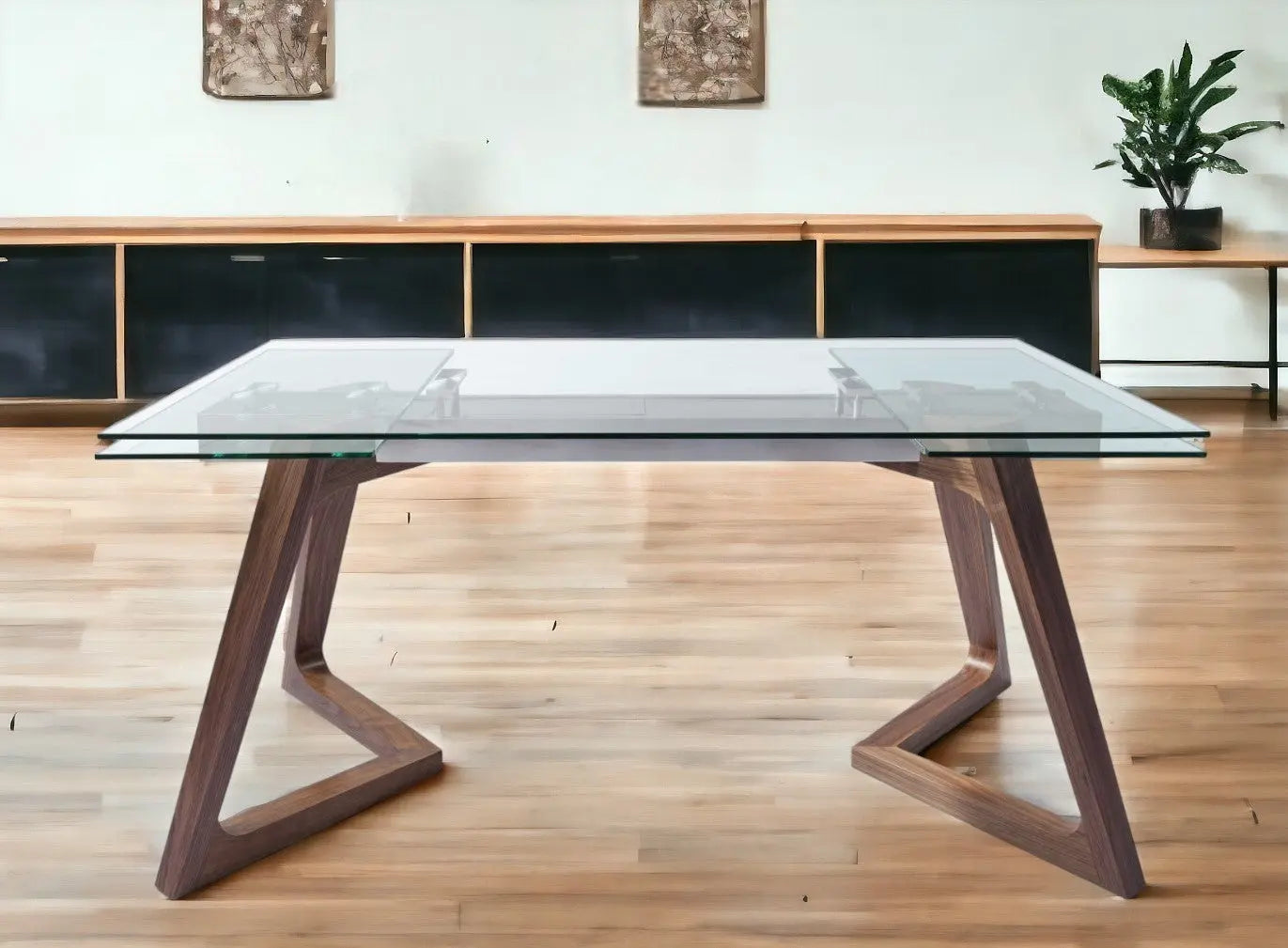 63" Clear and Brown Glass and Solid Wood Self-Storing Leaf Dining Table Homeroots Kitchen & Dining