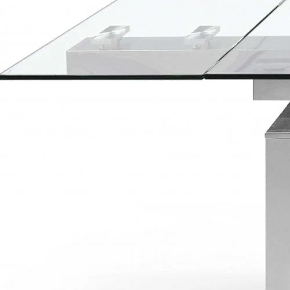 63" Clear and Silver Glass and Stainless Steel Self-Storing Leaf Dining Table Homeroots Kitchen & Dining