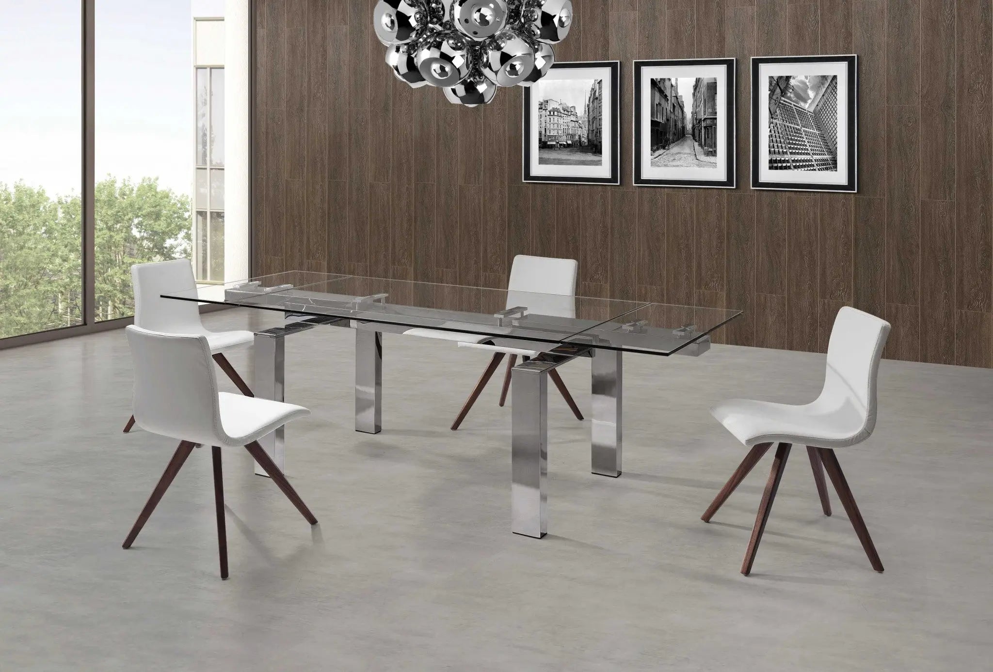 63" Clear and Silver Glass and Stainless Steel Self-Storing Leaf Dining Table Homeroots Kitchen & Dining