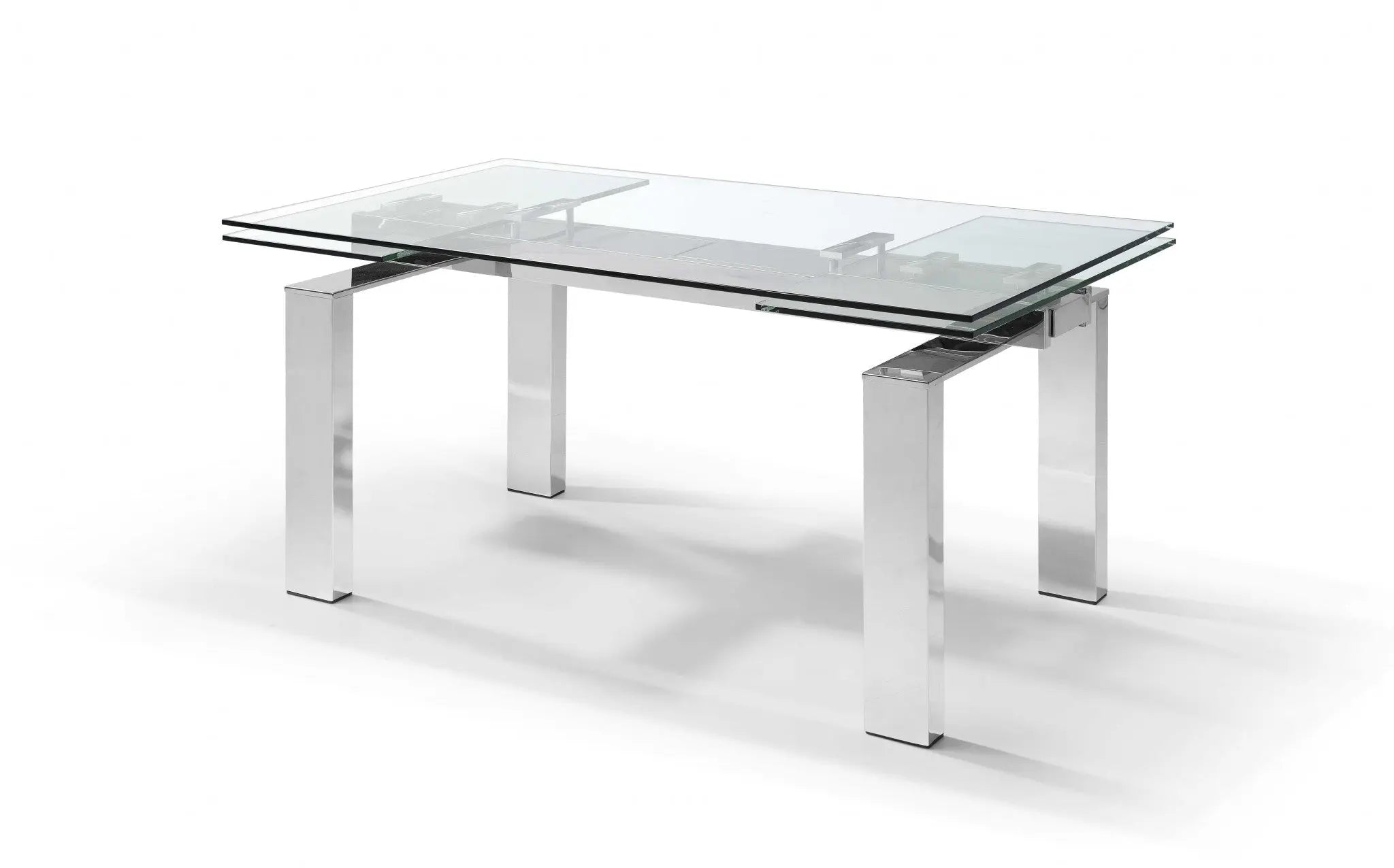 63" Clear and Silver Glass and Stainless Steel Self-Storing Leaf Dining Table Homeroots Kitchen & Dining