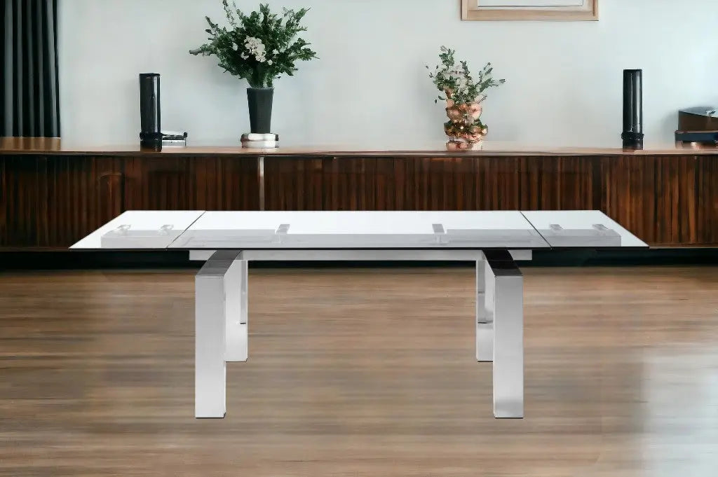 63" Clear and Silver Glass and Stainless Steel Self-Storing Leaf Dining Table Homeroots Kitchen & Dining