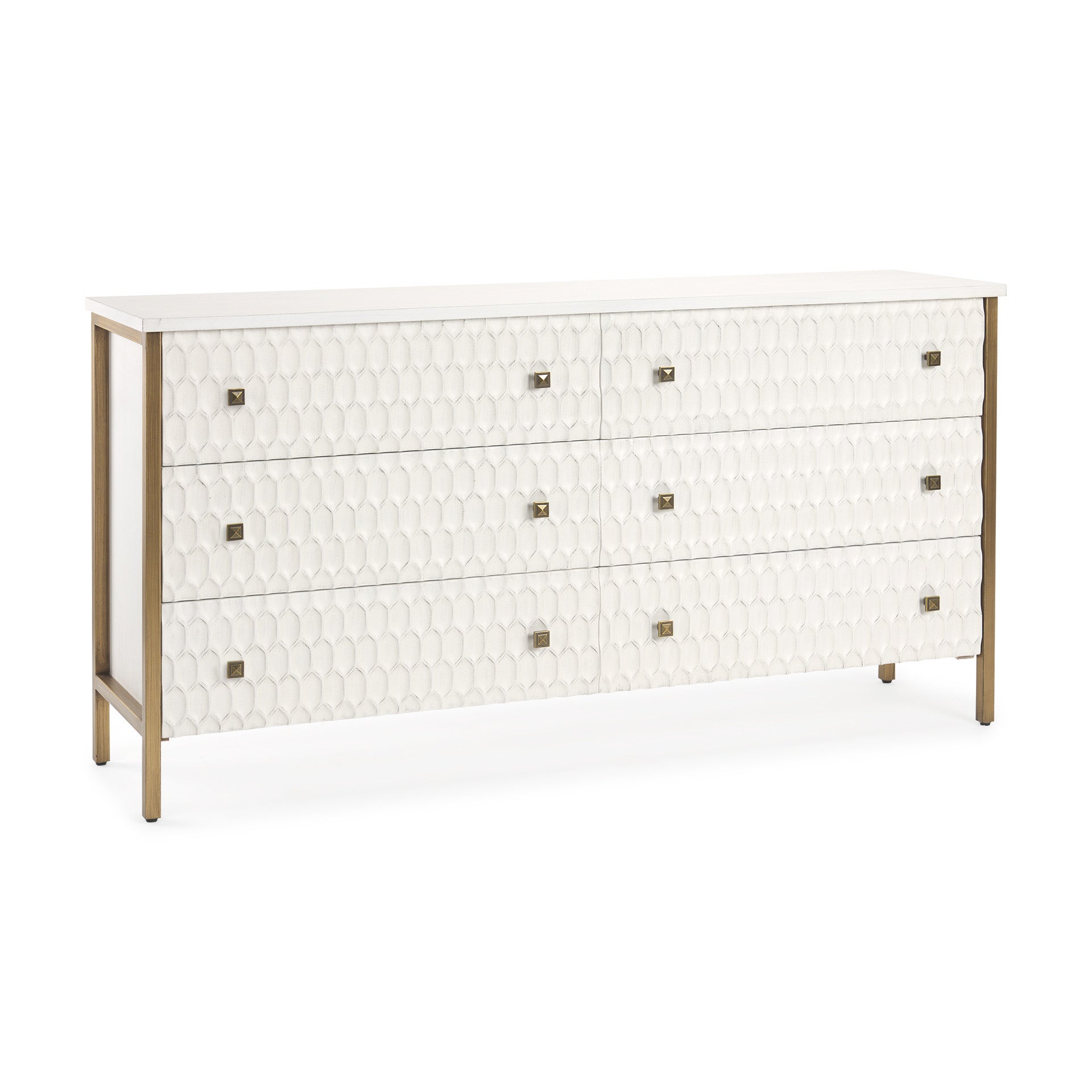 63" Gold And White Wood Carved Geometric Six Drawer Sideboard Homeroots Kitchen & Dining