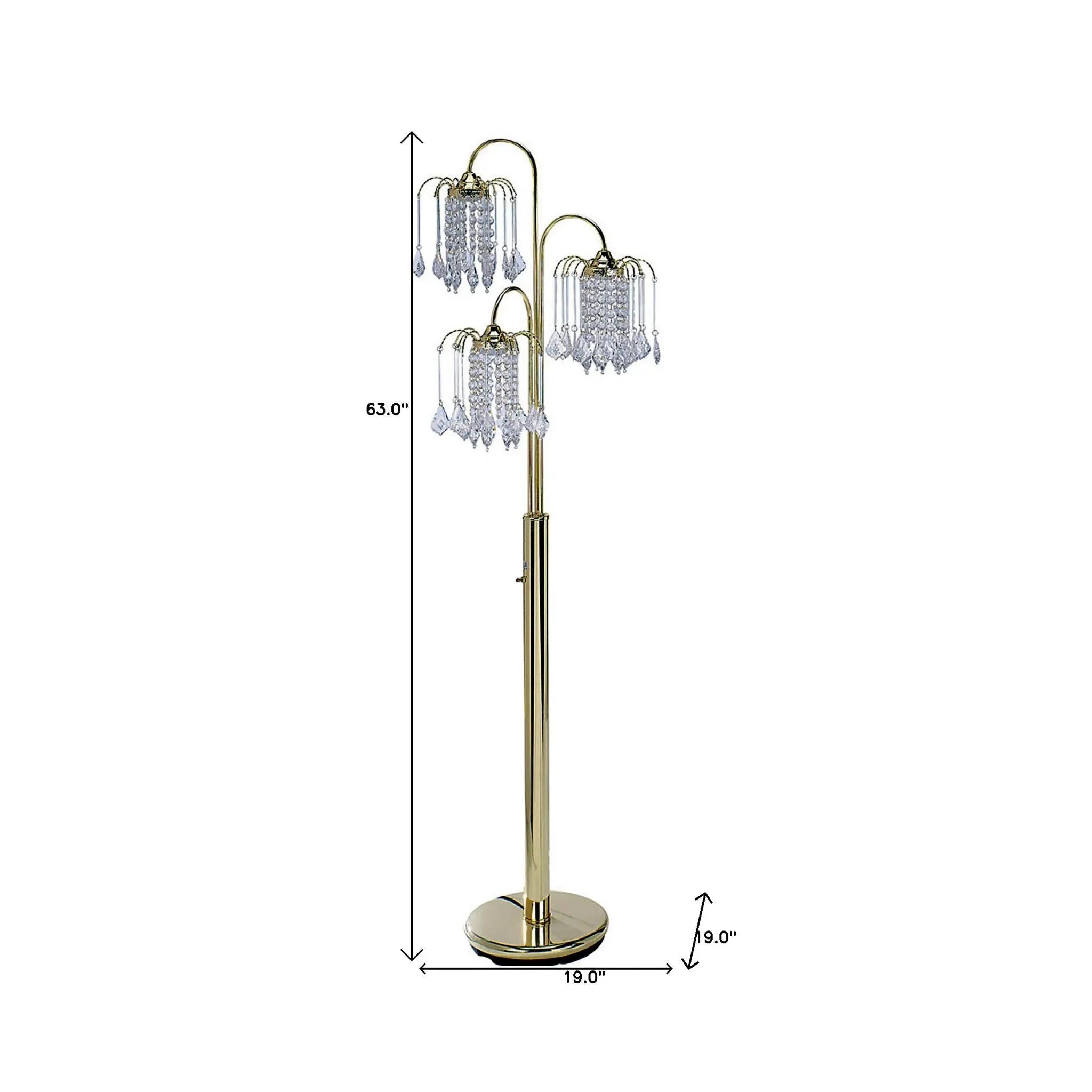 63" Gold Three Lights Candelabra Floor Lamp With Clear Faux Crystal Shades Homeroots Lighting