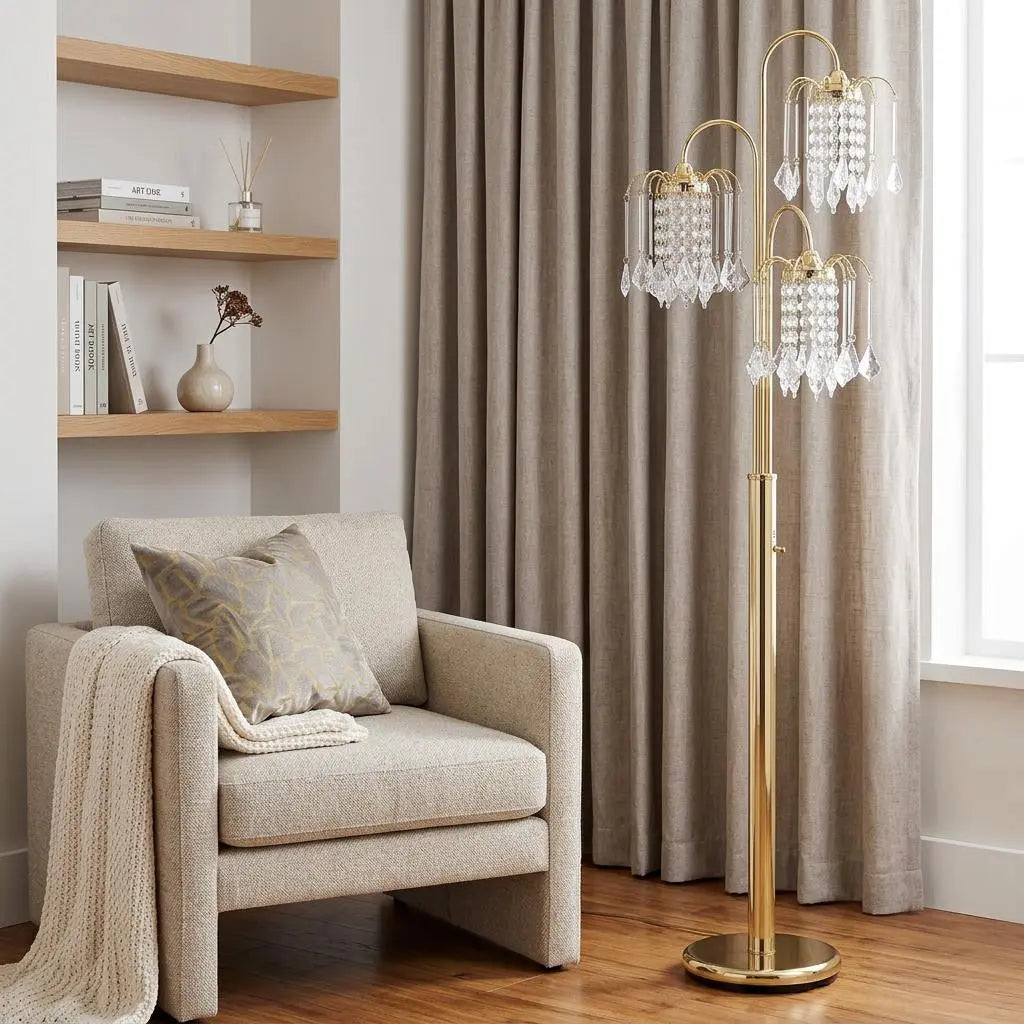 63" Gold Three Lights Candelabra Floor Lamp With Clear Faux Crystal Shades Homeroots Lighting