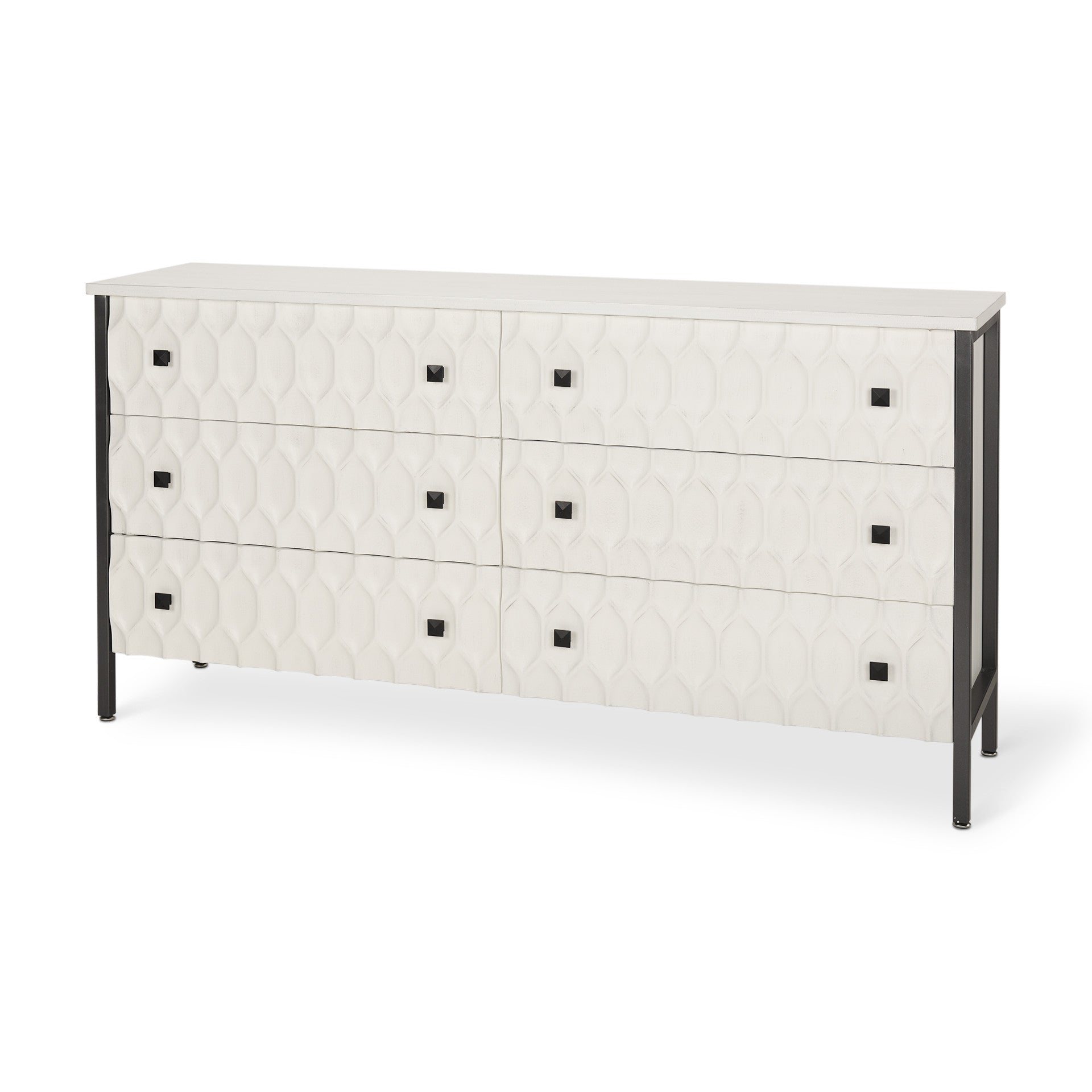 63" Gray And White Wood Carved Geometric Six Drawer Sideboard Homeroots Kitchen & Dining