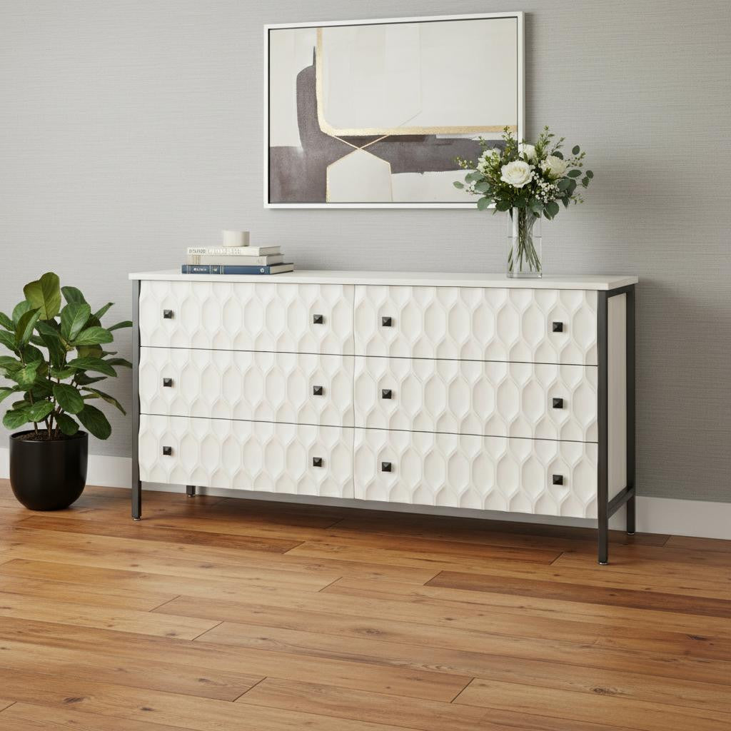 63" Gray And White Wood Carved Geometric Six Drawer Sideboard Homeroots Kitchen & Dining