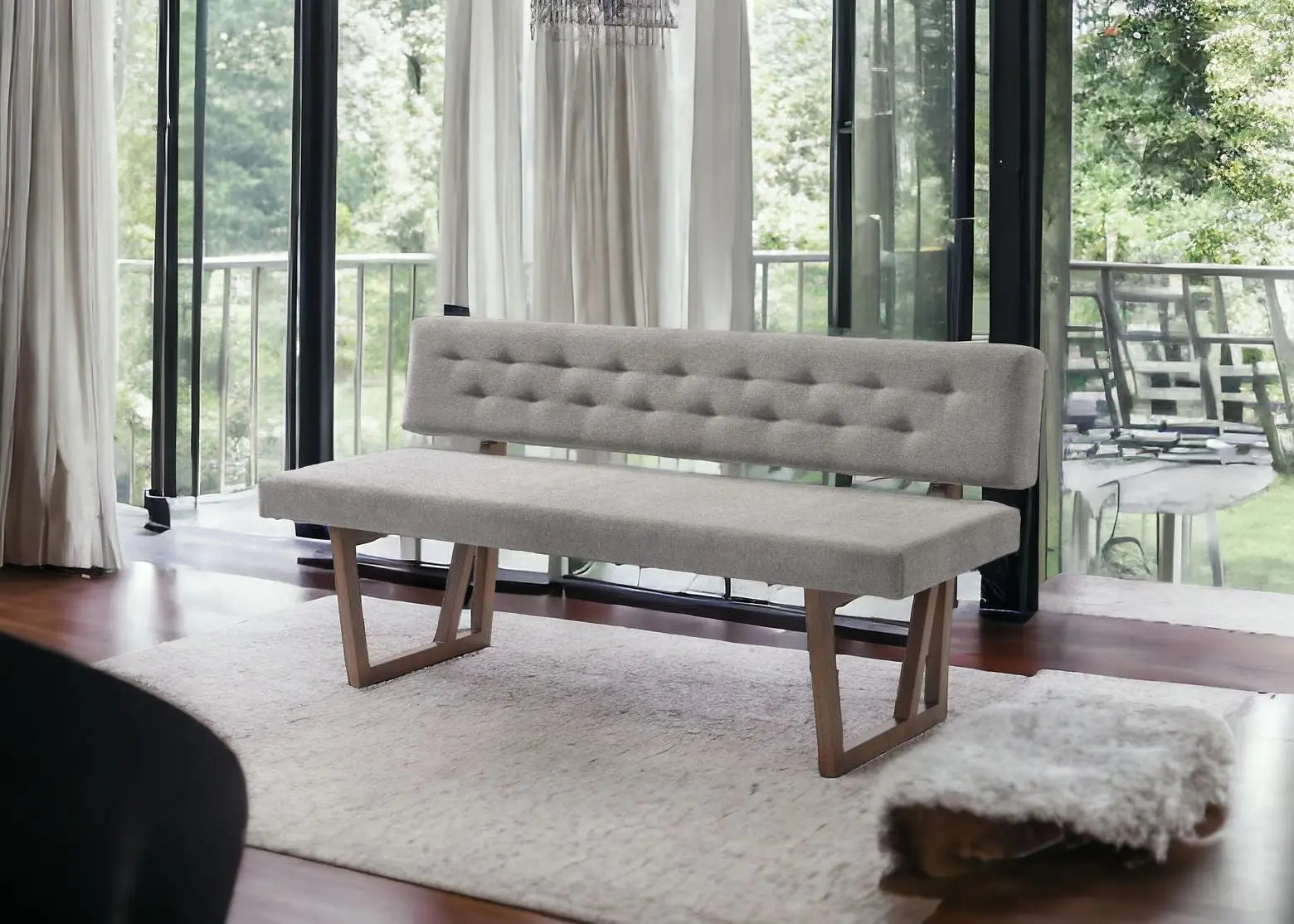 63" Gray and Brown Upholstered Linen Blend Dining Bench Homeroots Living Room