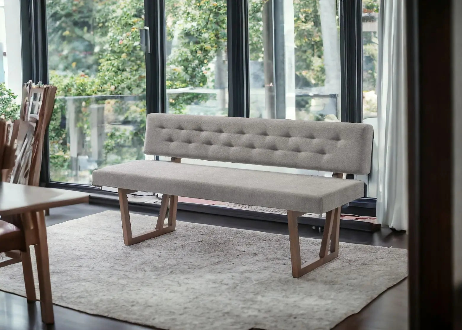 63" Gray and Brown Upholstered Linen Blend Dining Bench Homeroots Living Room