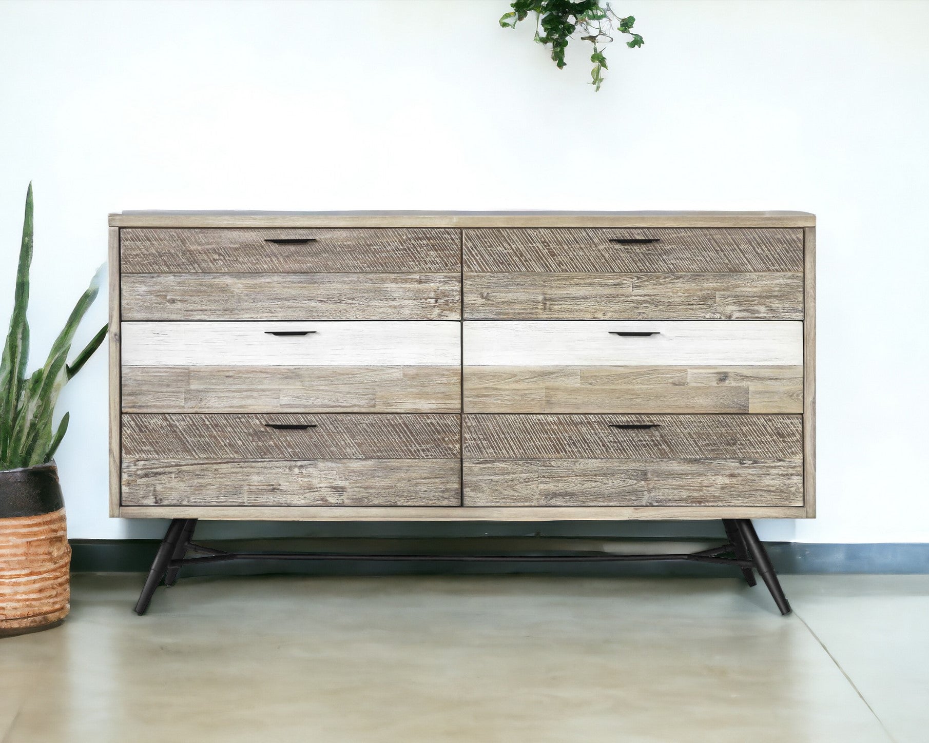 63" Natural and Ivory Solid Wood Six Drawer Double Dresser - GreatEagleInc