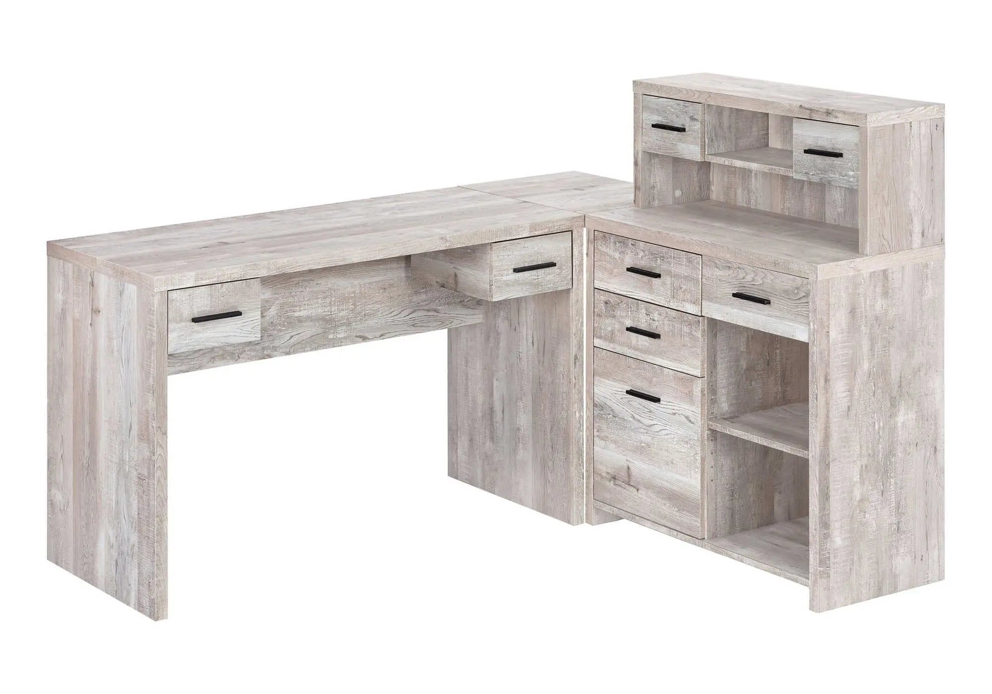 63" Taupe L Shape Computer Desk With Eight Drawers - GreatEagleInc