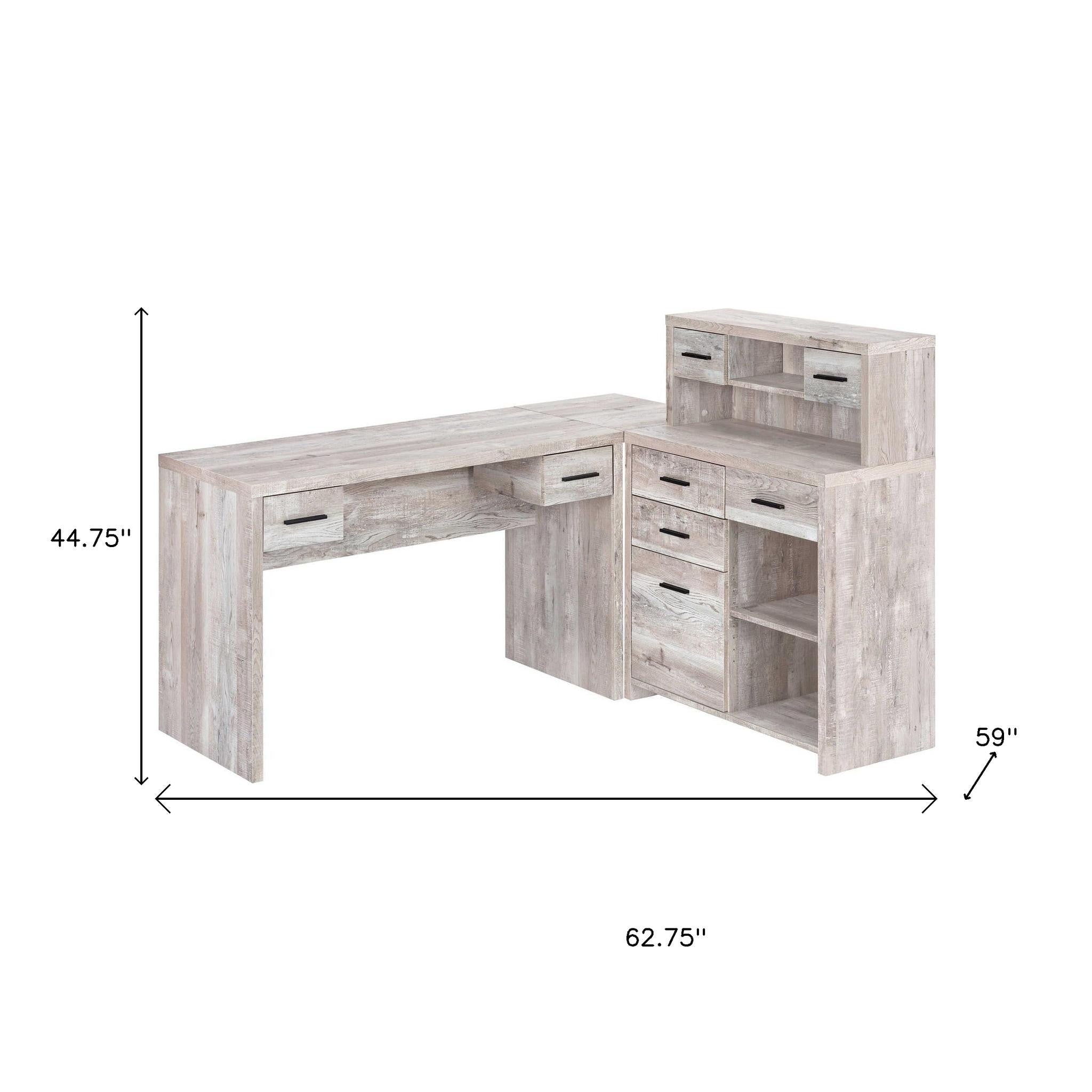 63" Taupe L Shape Computer Desk With Eight Drawers - GreatEagleInc