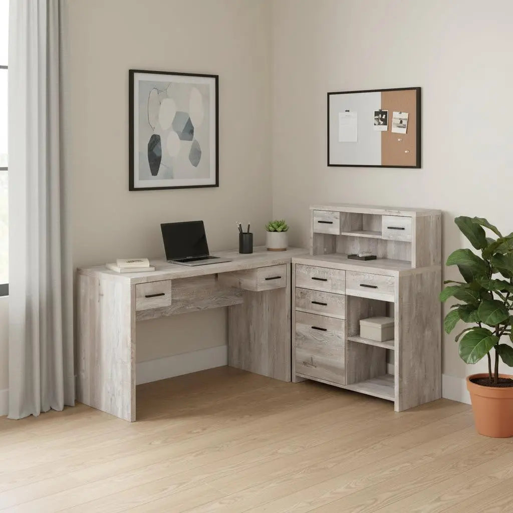 63" Taupe L Shape Computer Desk With Eight Drawers - GreatEagleInc