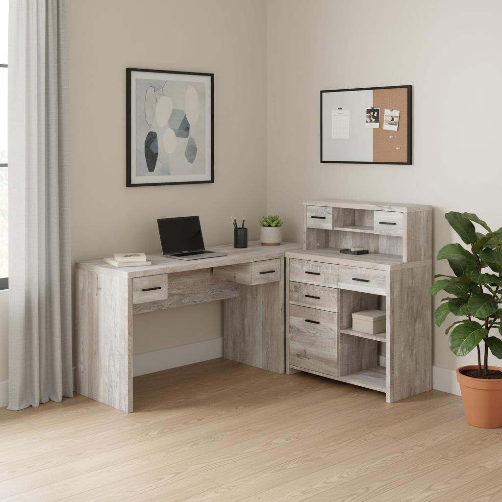 63" Taupe L Shape Computer Desk With Eight Drawers - GreatEagleInc