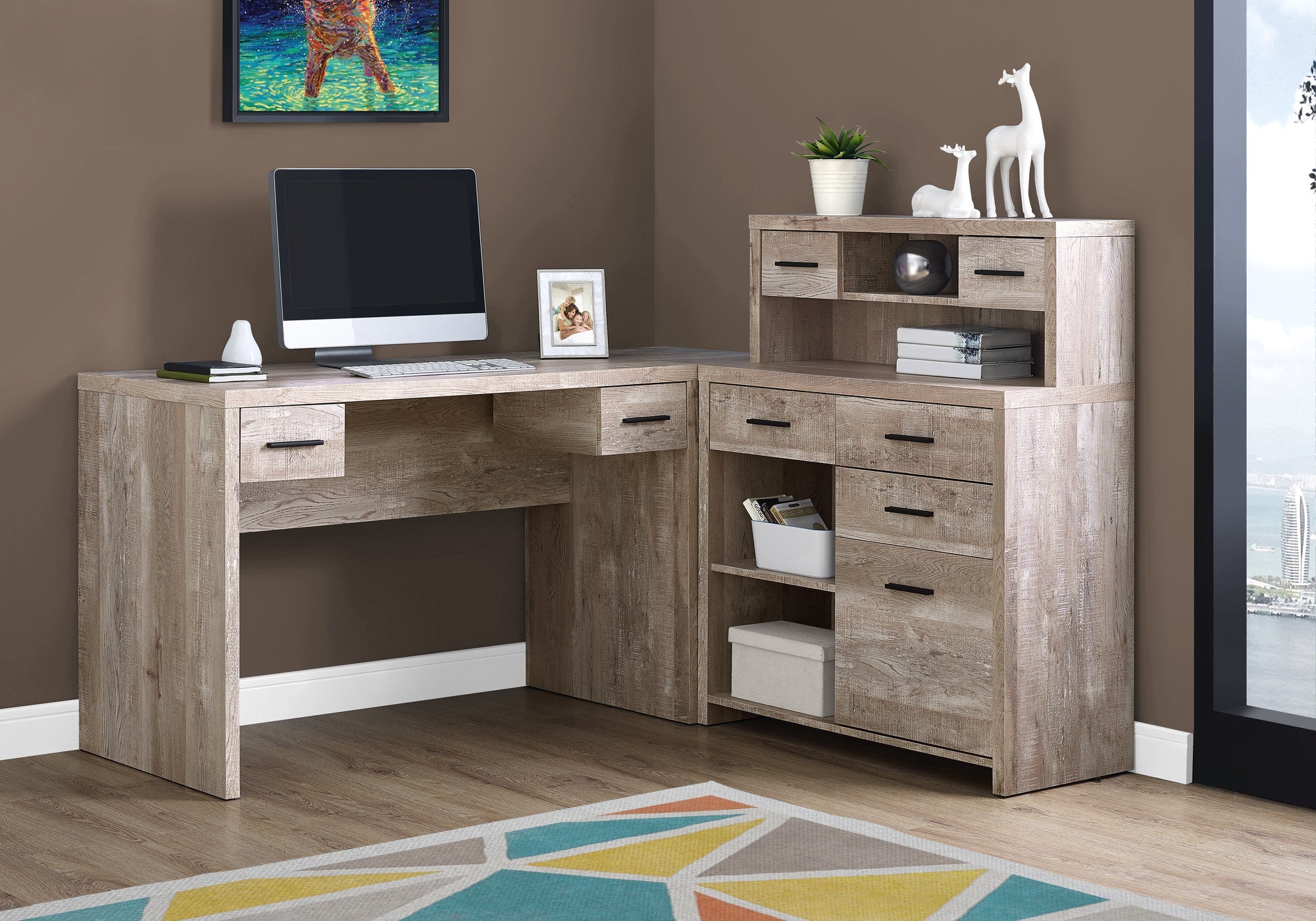 63" Taupe L Shape Computer Desk With Eight Drawers - GreatEagleInc