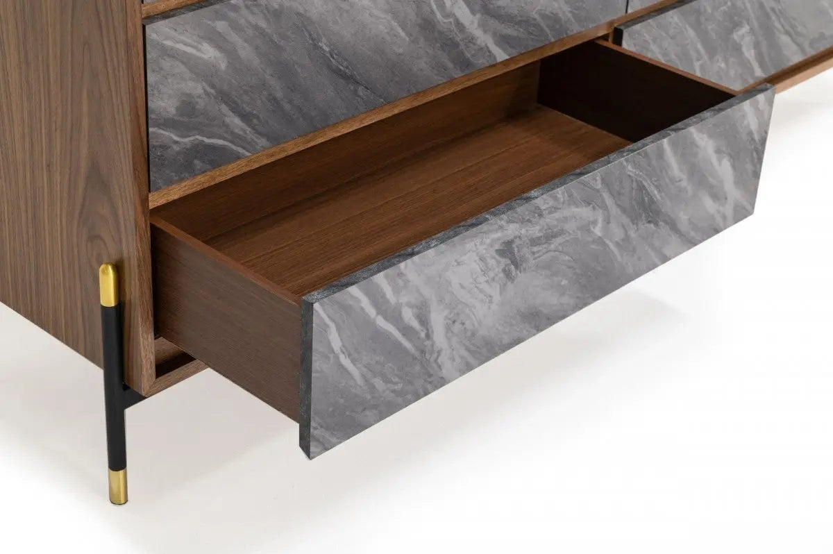 63" Walnut And Grey Faux Marble Wood Six Drawer Double Dresser Homeroots Bed & Bath