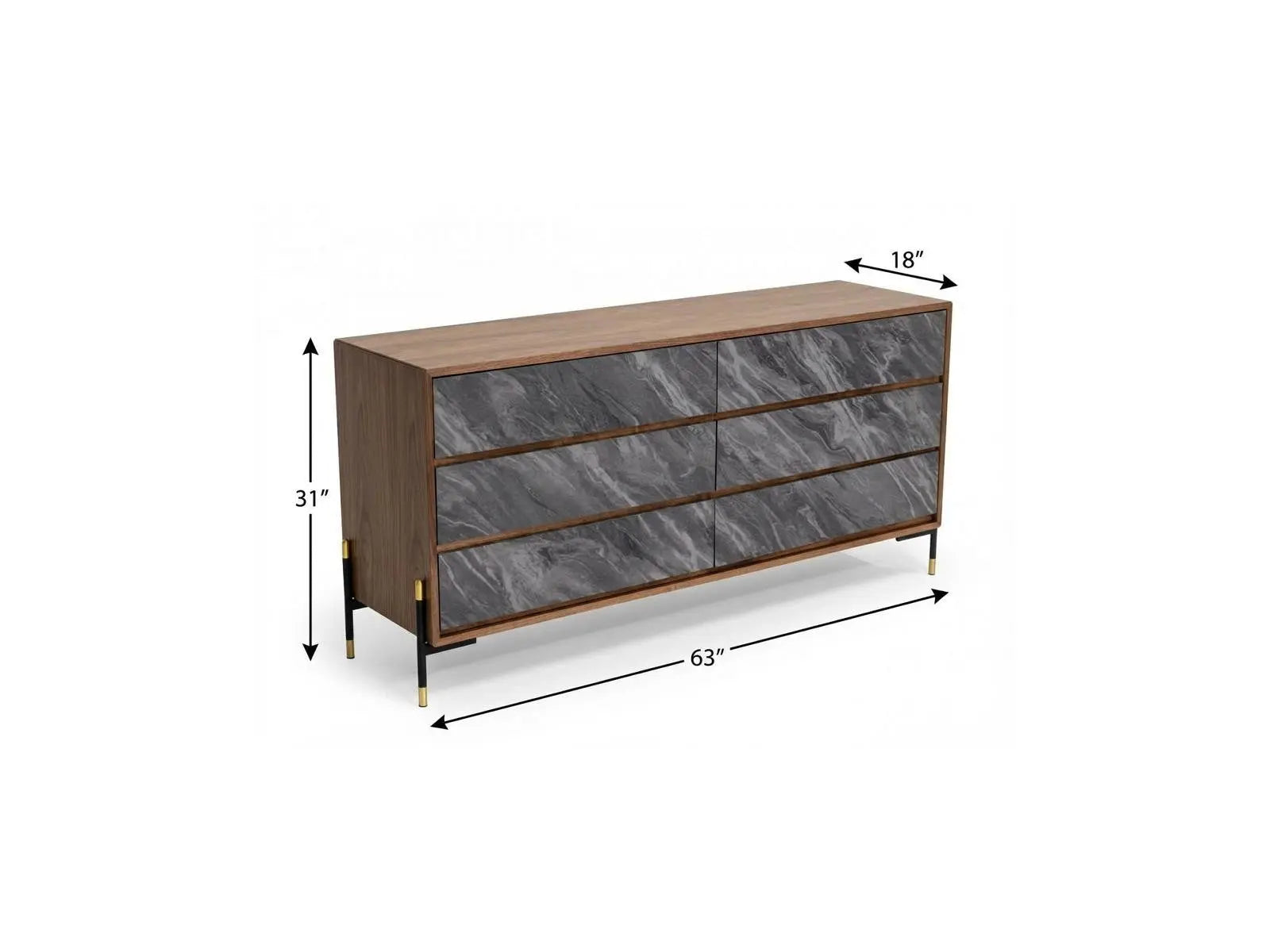 63" Walnut And Grey Faux Marble Wood Six Drawer Double Dresser Homeroots Bed & Bath