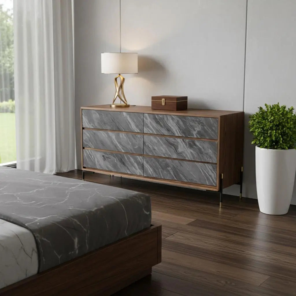 63" Walnut And Grey Faux Marble Wood Six Drawer Double Dresser Homeroots Bed & Bath