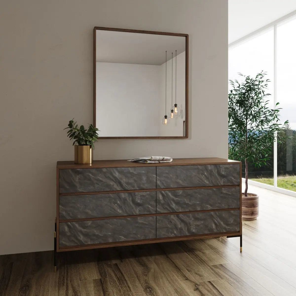 63" Walnut And Grey Faux Marble Wood Six Drawer Double Dresser Homeroots Bed & Bath