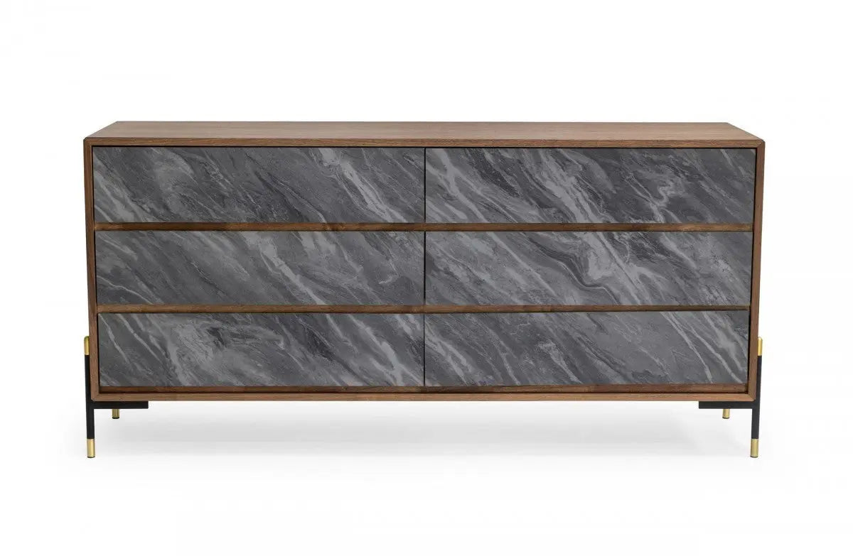 63" Walnut And Grey Faux Marble Wood Six Drawer Double Dresser Homeroots Bed & Bath