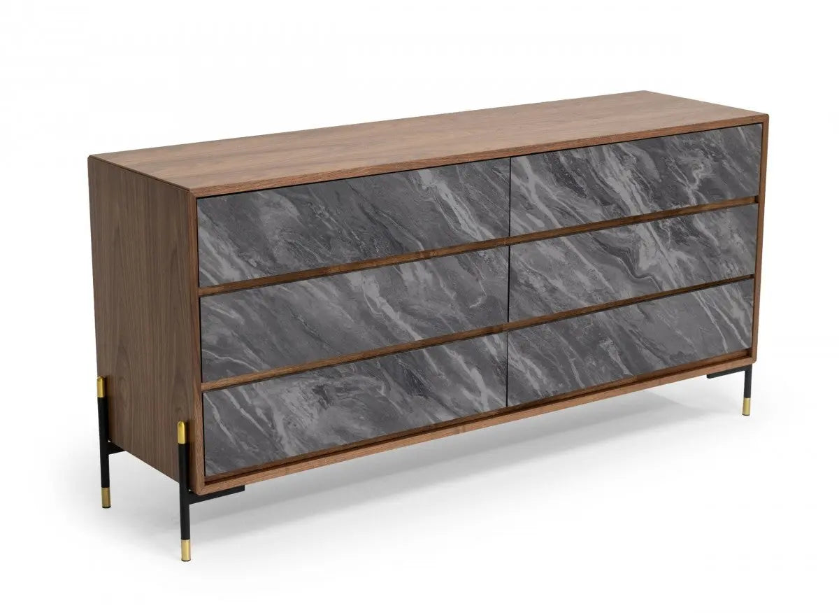 63" Walnut And Grey Faux Marble Wood Six Drawer Double Dresser Homeroots Bed & Bath