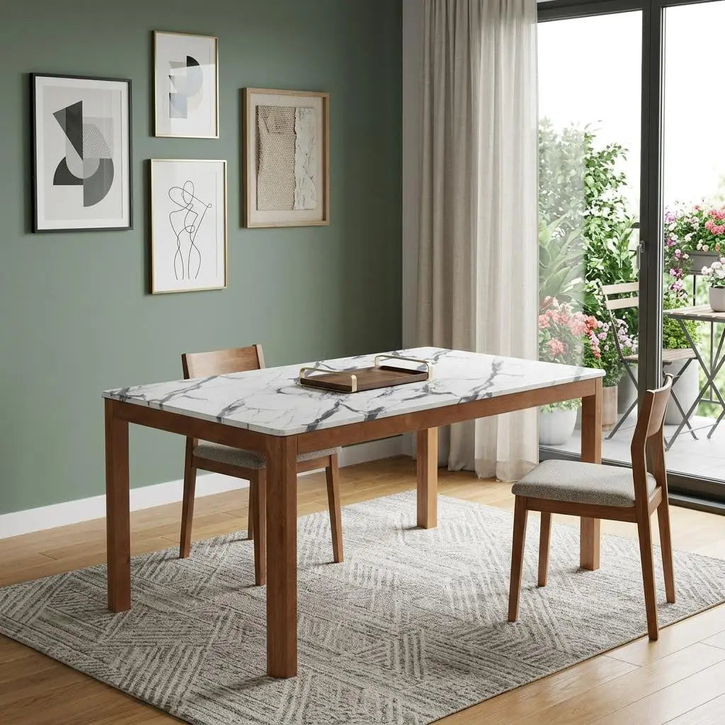63" White and Natural Faux Marble and Solid Wood Dining Table Homeroots Kitchen & Dining