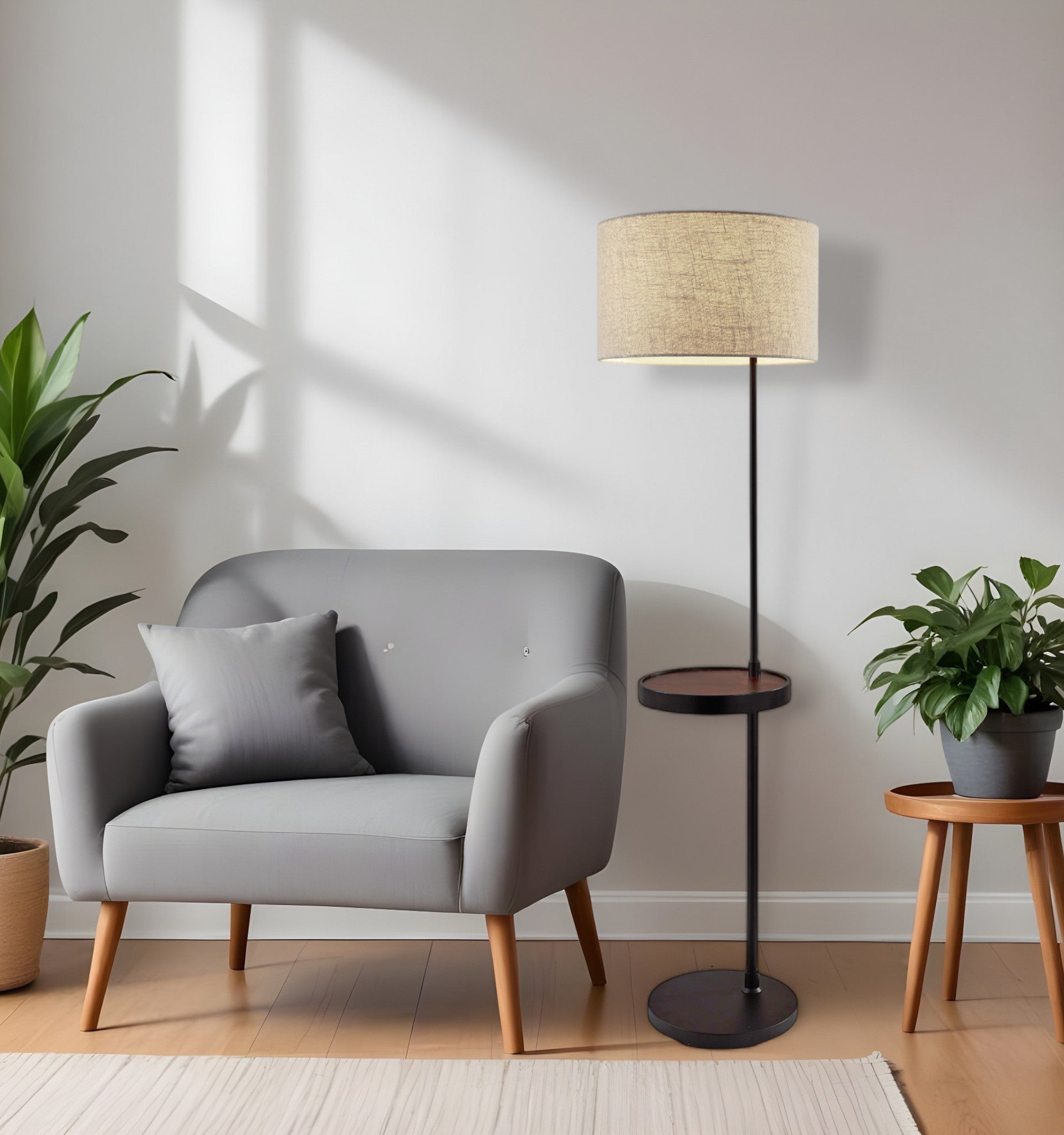 64" Beige And Black Tray Table Floor Lamp With Beige Fabric Drum Shade - GreatEagleInc