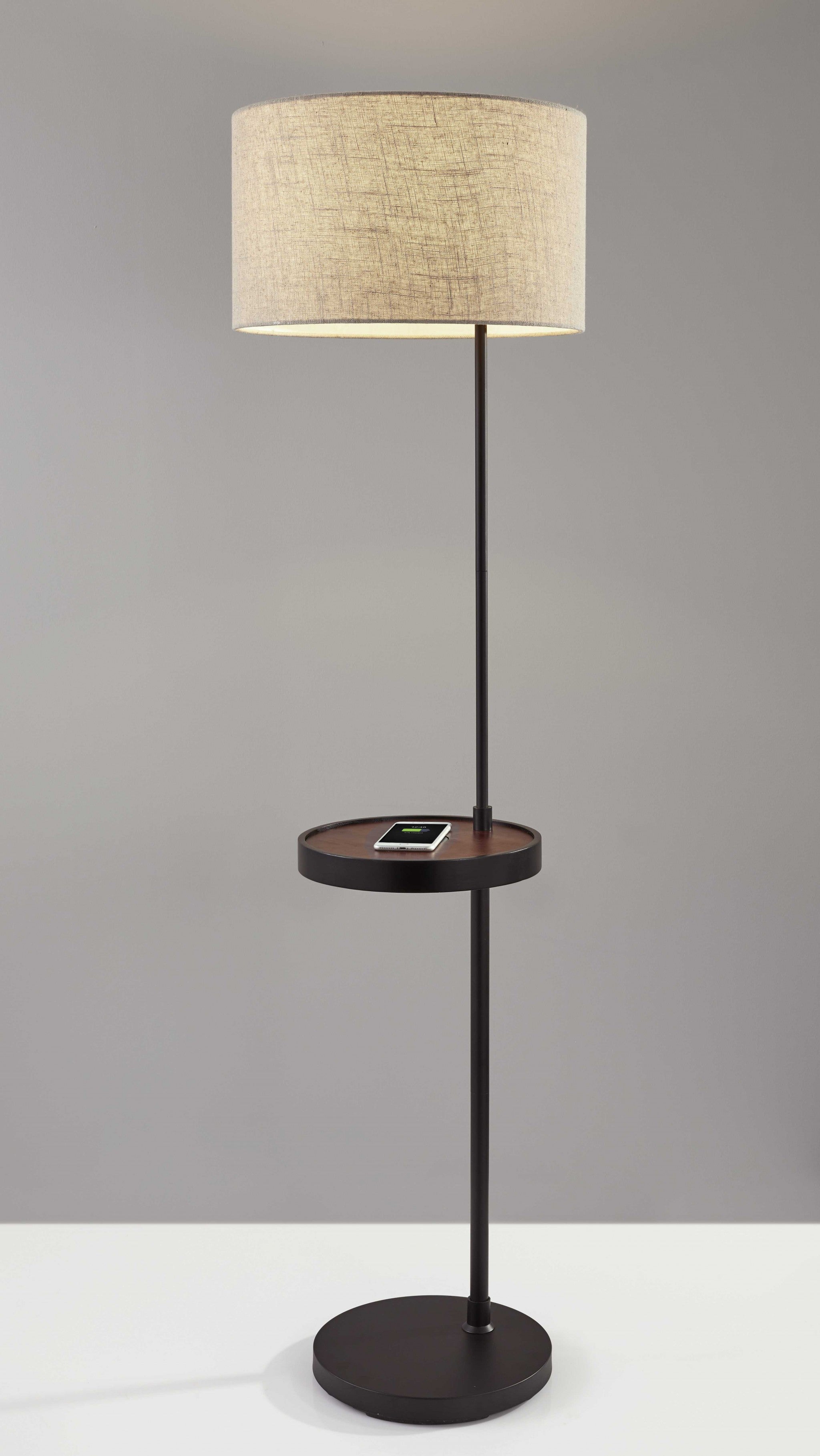 64" Beige And Black Tray Table Floor Lamp With Beige Fabric Drum Shade - GreatEagleInc