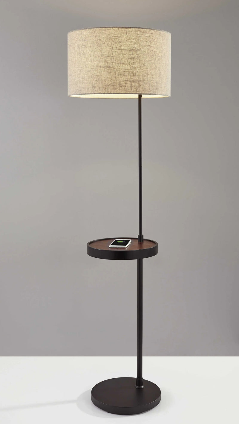 64" Beige And Black Tray Table Floor Lamp With Beige Fabric Drum Shade - GreatEagleInc