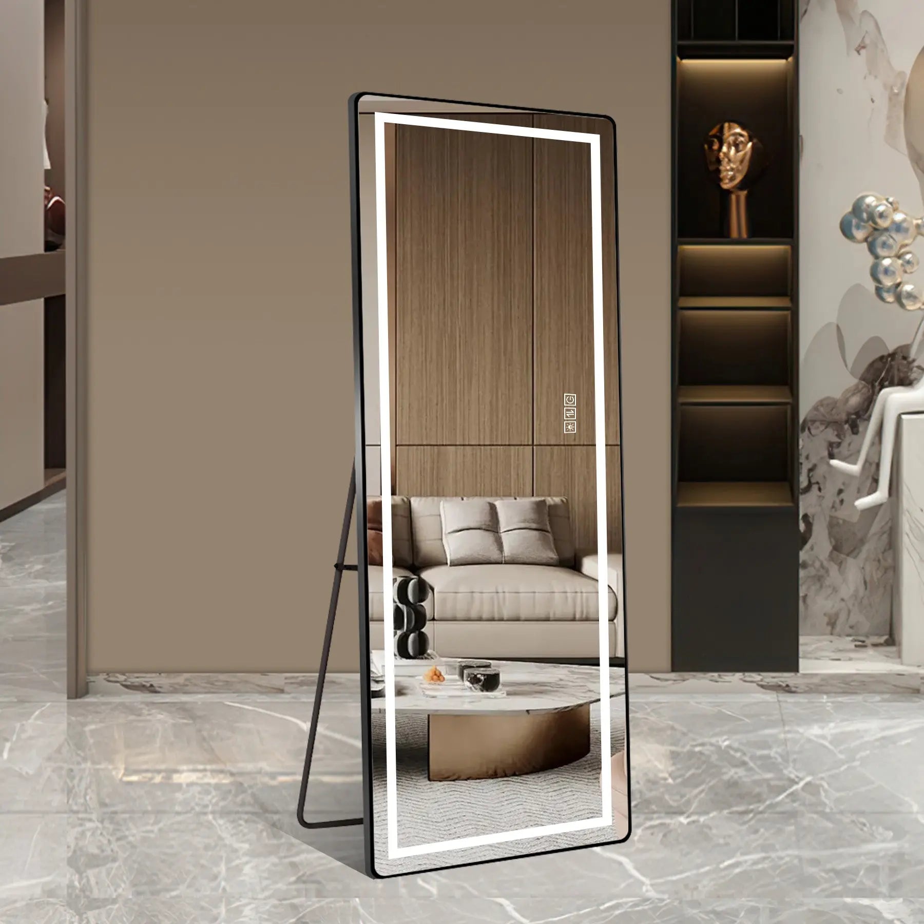 64" Black Aluminum Lighted Wall Mounted And Freestanding Framed Full Length Mirror Homeroots Bed & Bath