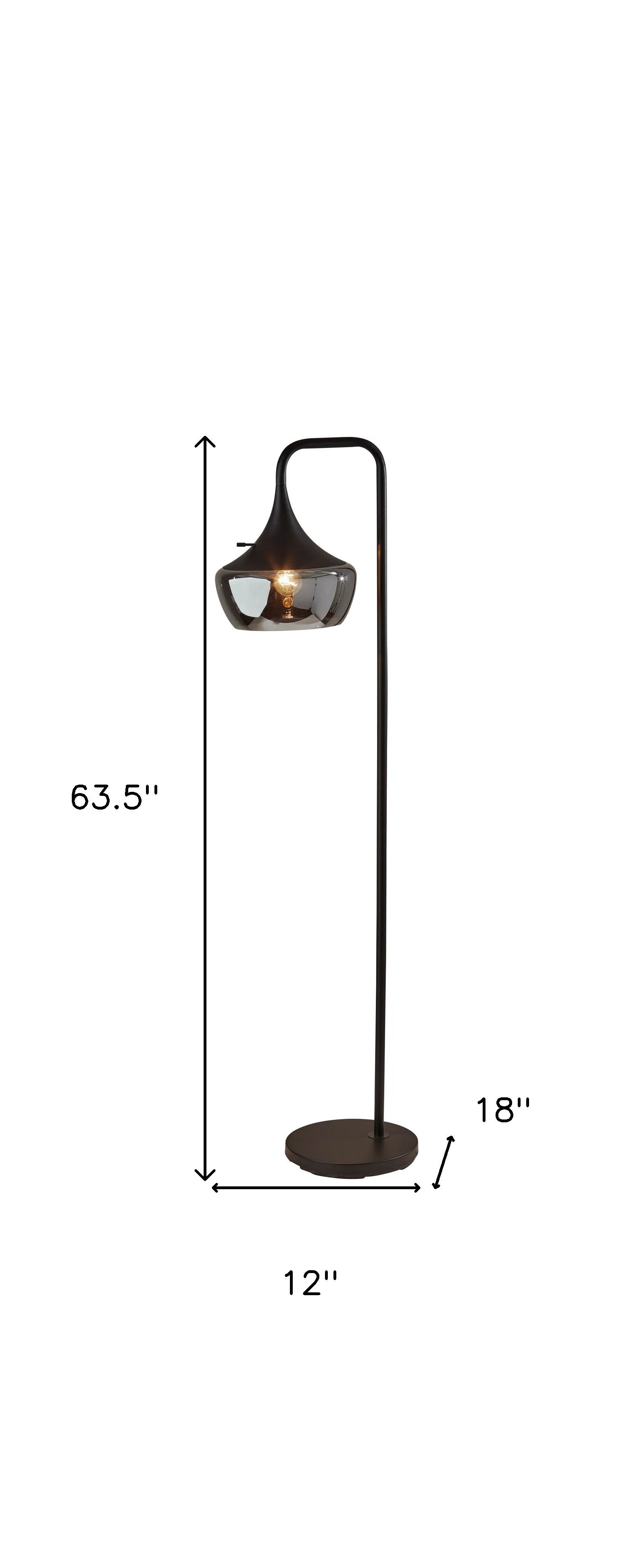 64" Black Task Floor Lamp With Black Glass Bowl Shade - GreatEagleInc