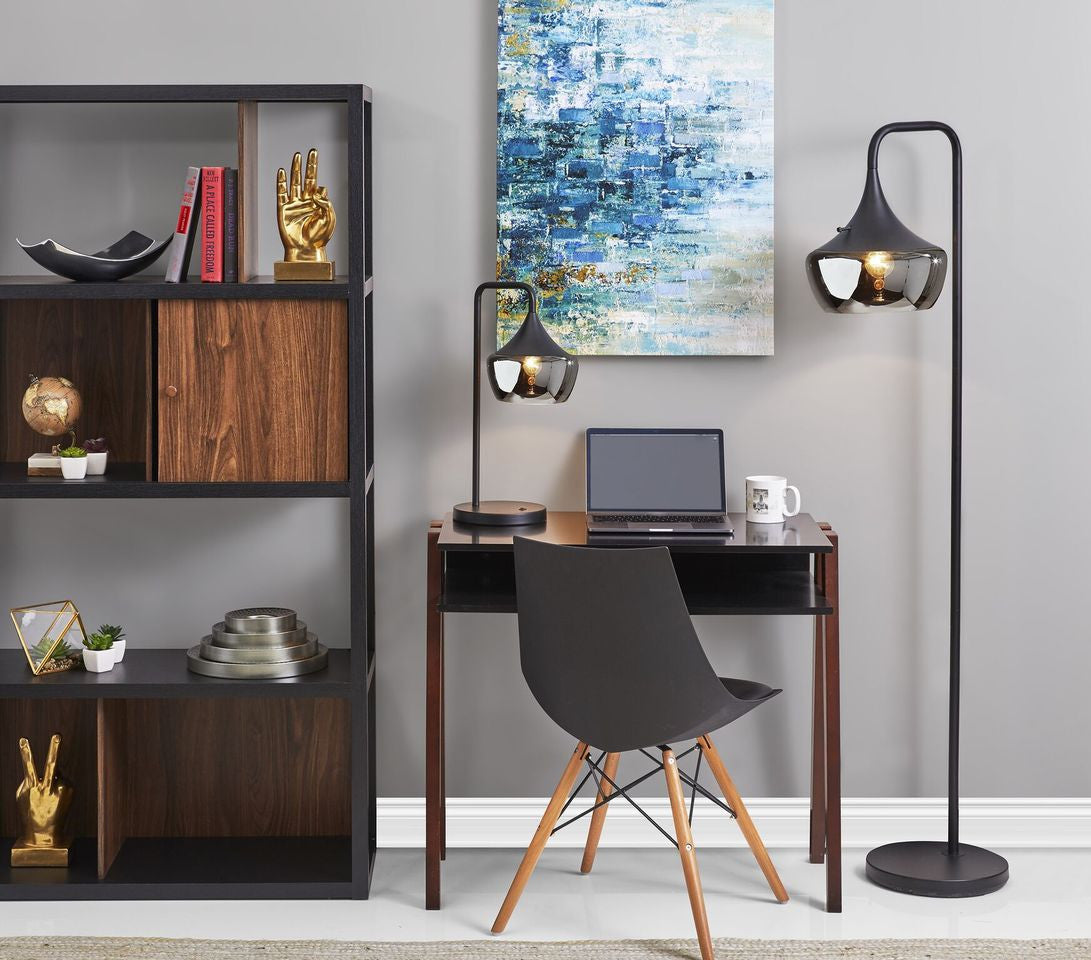 64" Black Task Floor Lamp With Black Glass Bowl Shade - GreatEagleInc