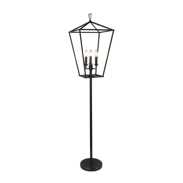 64" Black Three Light Floor Lamp With Black Geometric Shade - GreatEagleInc