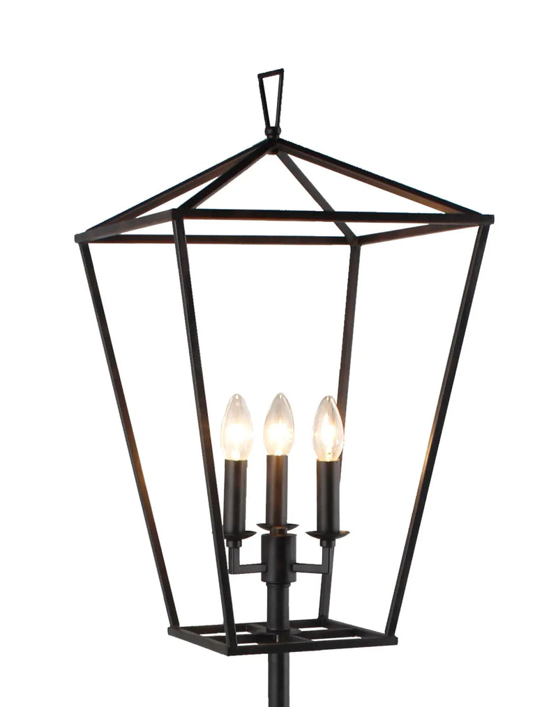 64" Black Three Light Floor Lamp With Black Geometric Shade - GreatEagleInc