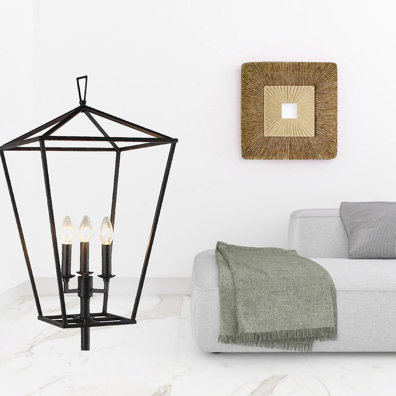 64" Black Three Light Floor Lamp With Black Geometric Shade - GreatEagleInc