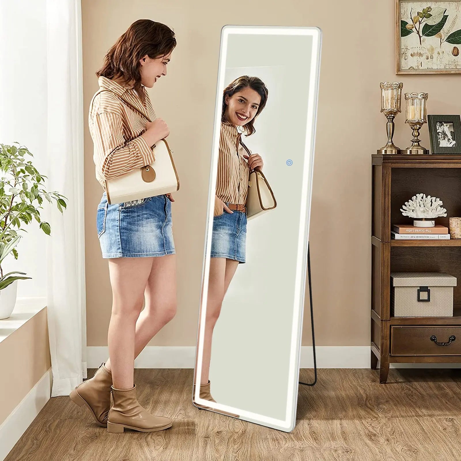 64" Clear Lighted Freestanding and Wall Mount Frameless Full Length Mirror Homeroots Bed & Bath