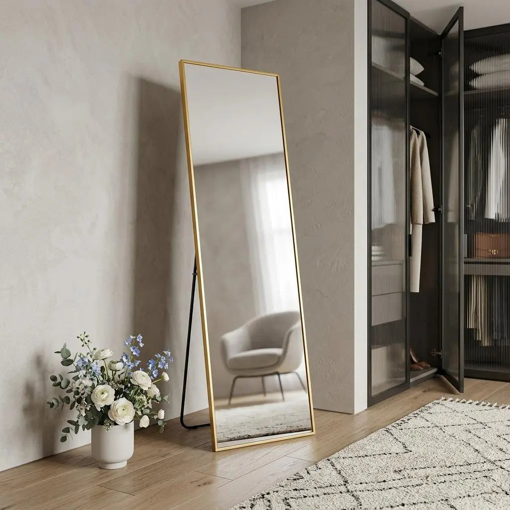 64" Gold Aluminum Freestanding And Wall Mounted Framed Full Length Mirror Homeroots Bed & Bath
