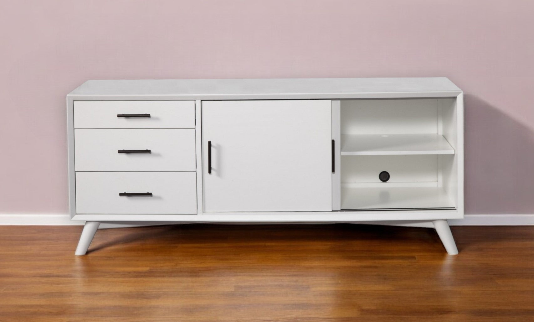 64" White Mahogany Solid Wood Enclosed and Open Storage TV Stand - GreatEagleInc