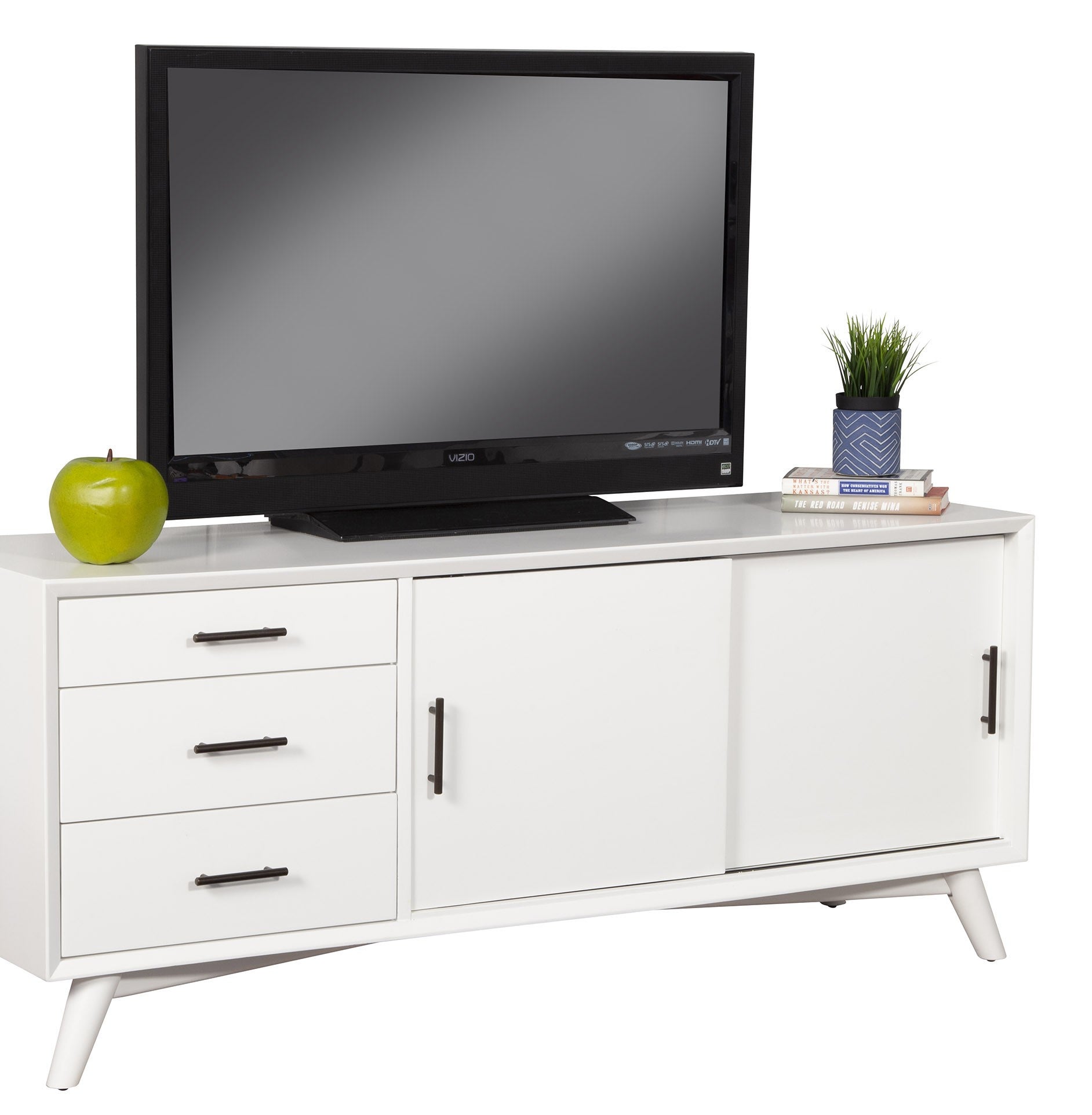 64" White Mahogany Solid Wood Enclosed and Open Storage TV Stand - GreatEagleInc