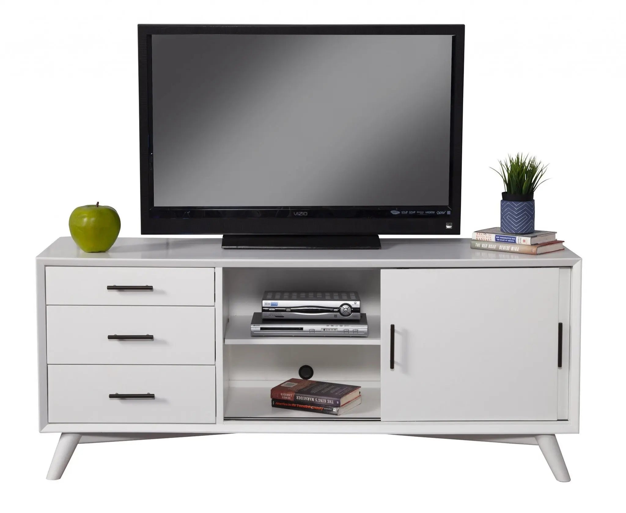 64" White Mahogany Solid Wood Enclosed and Open Storage TV Stand - GreatEagleInc