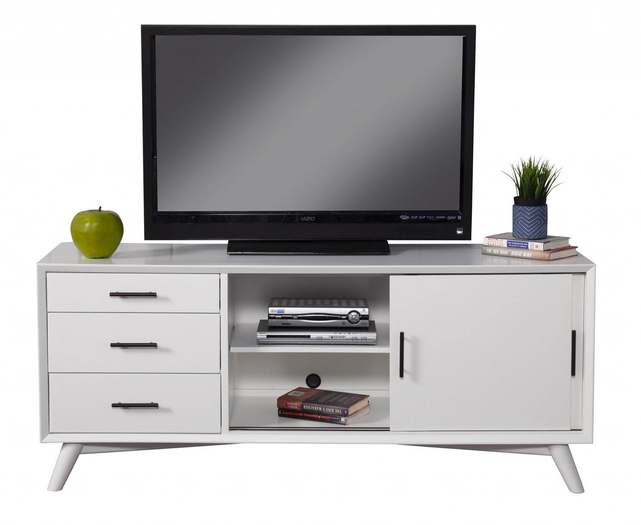 64" White Mahogany Solid Wood Enclosed and Open Storage TV Stand - GreatEagleInc