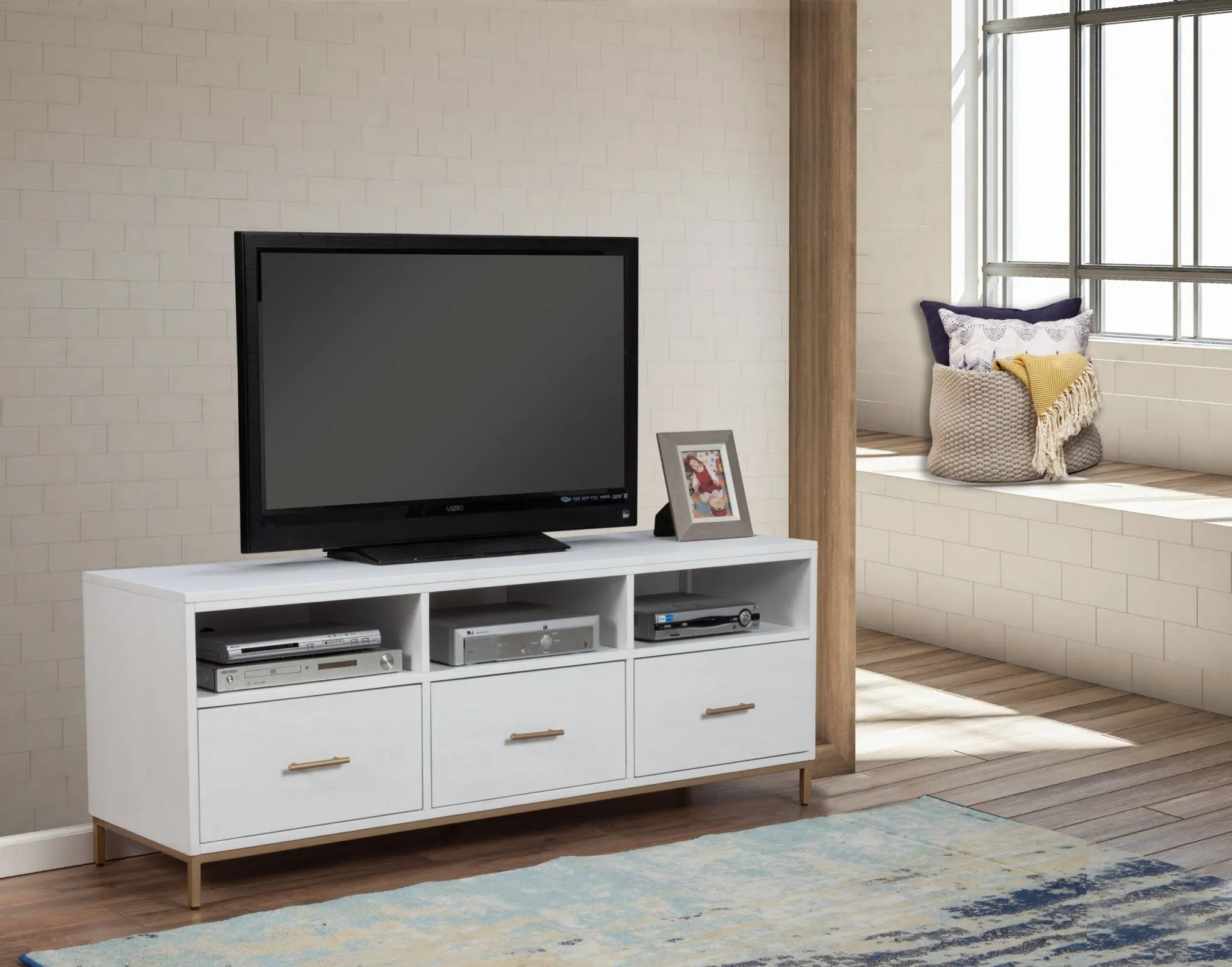 64" White Mahogany Solid Wood Open Shelving TV Stand - GreatEagleInc