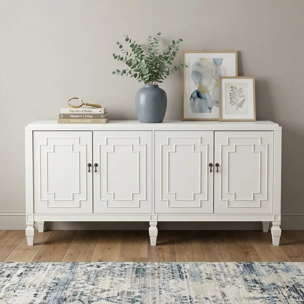 64" White Solid Wood Sideboard with Four Doors Homeroots Kitchen & Dining