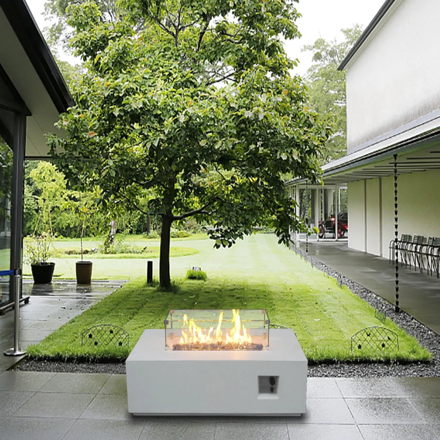 65000 BTU 52" Antiqued White Concrete Propane Rectangular Fire Pit With Cover Homeroots Outdoor