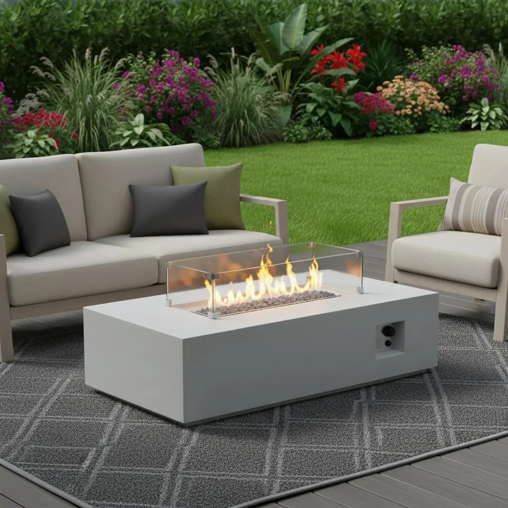 65000 BTU 52" Antiqued White Concrete Propane Rectangular Fire Pit With Cover Homeroots Outdoor