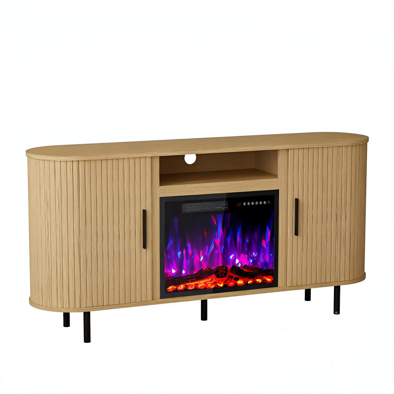65" Beige Wood Fireplace TV Stand With Fireplace Homeroots Living Room