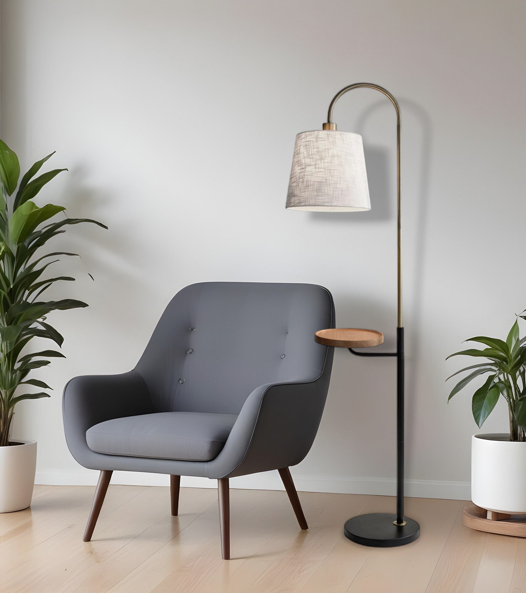 65" Black And Brass Tray Table Floor Lamp With Off White Linen Empire Shade - GreatEagleInc